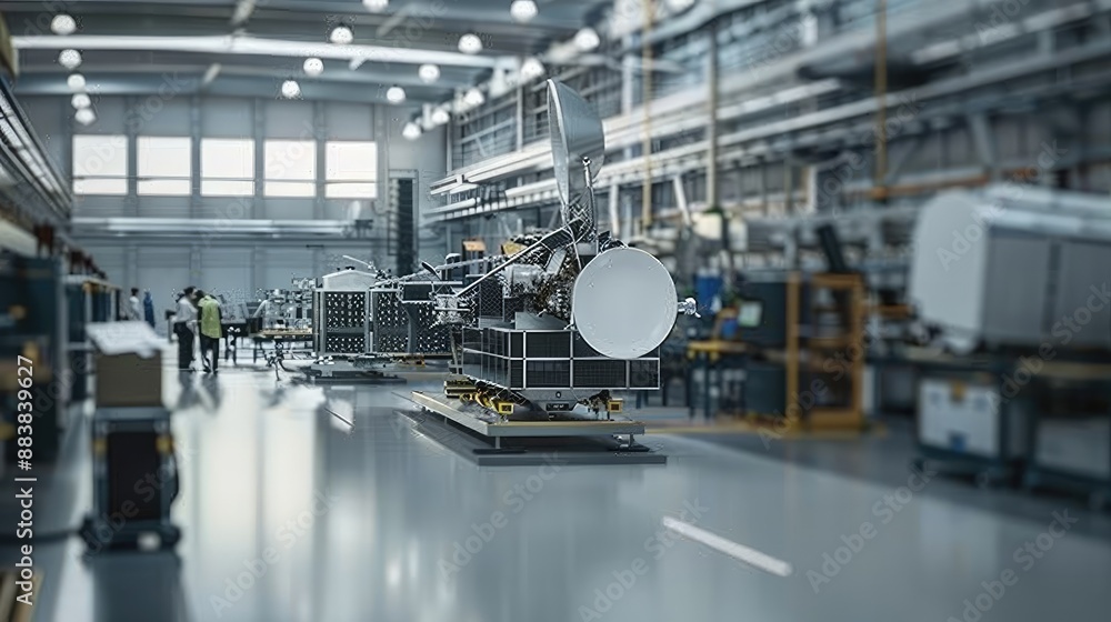 Naklejka premium A space industry manufacturing facility assembling satellite components