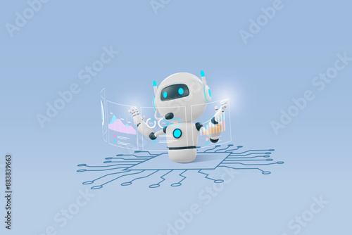 AI chat robot analyzing business graph chart data on circuit board. Artificial intelligence technology revolution and development, machine learning. Implement of robotic science research in business. 