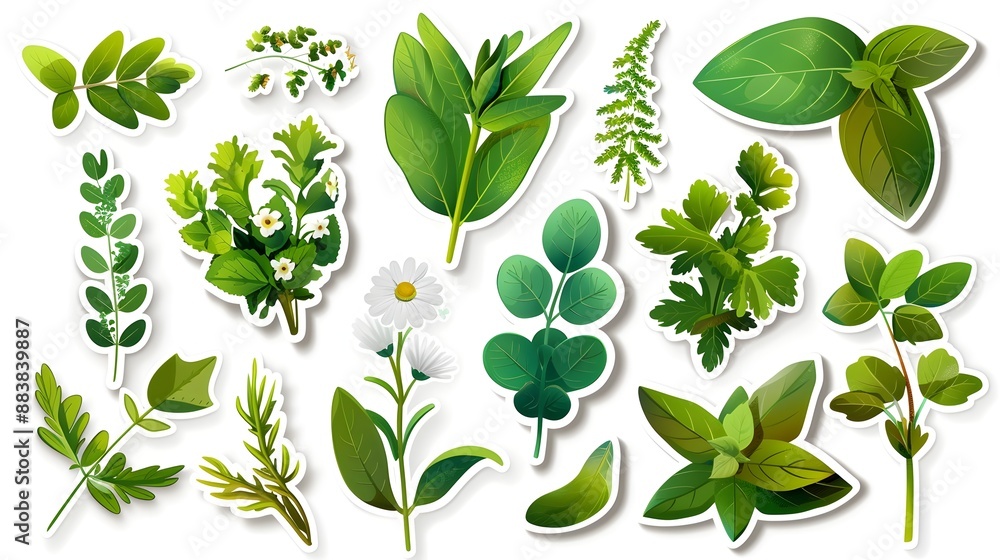 Stylized of Summer Savory Leaves and Flowers in a Sticker Set Stylized of Summer Savory Leaves and Flowers in a Sticker Set