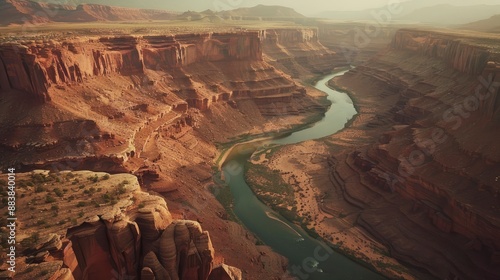 A breathtaking aerial view of a winding river carving through a majestic canyon.