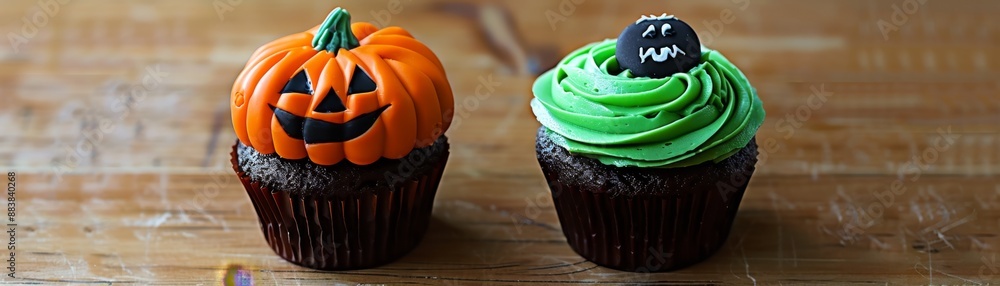 Spooky Halloween Cupcake with Pandan Leaf Design on Dark Background, Eerie and Festive Treat for October Celebration Spooky Halloween Cupcake with Pandan Leaf Design on Dark Background, Eerie and Festive Treat for October Celebration