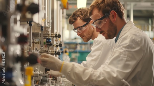 Scientists working on the development of advanced materials for energy storage and conversion in a chemical lab.