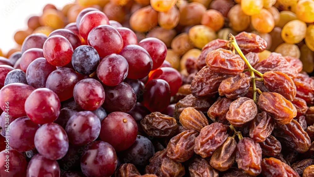 Brown and dark sweet raisins with ripe red grapes on light background. Macro shot, raisins, dark sweet, ripe red grapes Brown and dark sweet raisins with ripe red grapes on light background. Macro shot, raisins, dark sweet, ripe red grapes