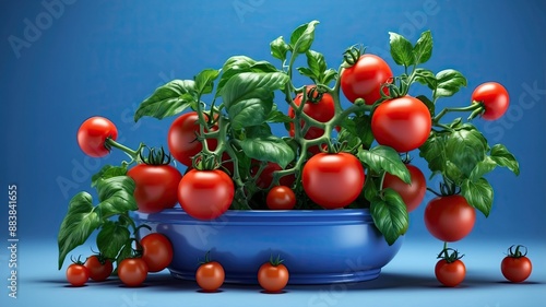 8K Ultra HD detailed. 3D realistic tomato plant in blue background with empty space text