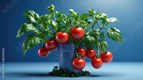 8K Ultra HD detailed. 3D realistic tomato plant in blue background with empty space text