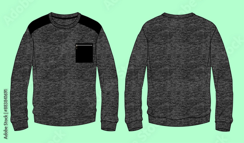 mens long sleeve crew neck drop shoulder terry fleece siro sweatshirt flat sketch vector.