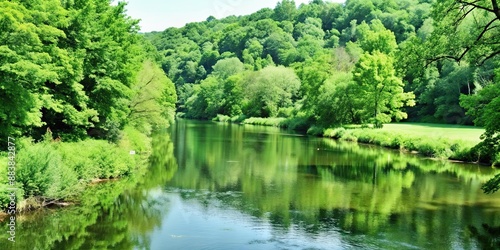 Serene river flowing through lush green landscape. render, river, serene, lush, green, landscape, peaceful, nature, scenic