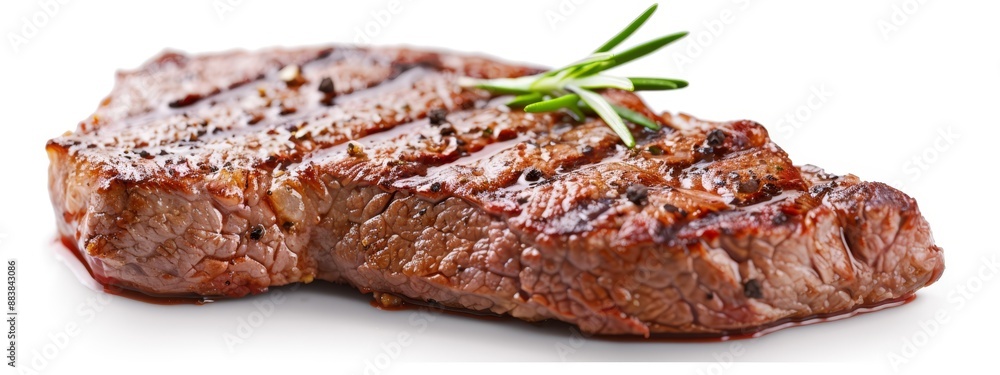 Steak with a rosemary sprig, white tabletop, white background Steak with a rosemary sprig, white tabletop, white background