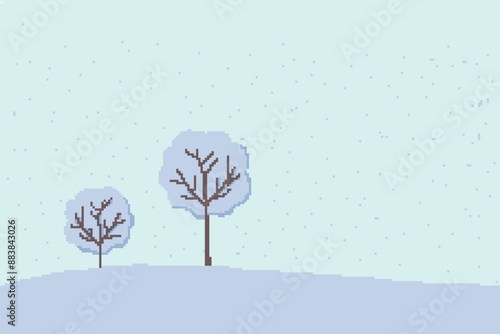 pixel art in winter there is snow falling from the sky covering the trees