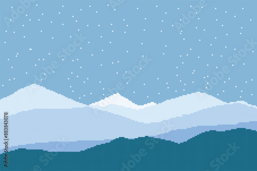 Printwinter pixel art, there are very beautiful blue mountain ranges covered with snow	
