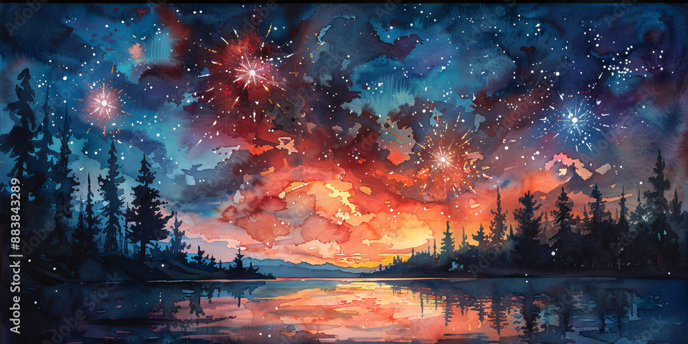 Obraz premium 夜空に広がる花火の水彩画