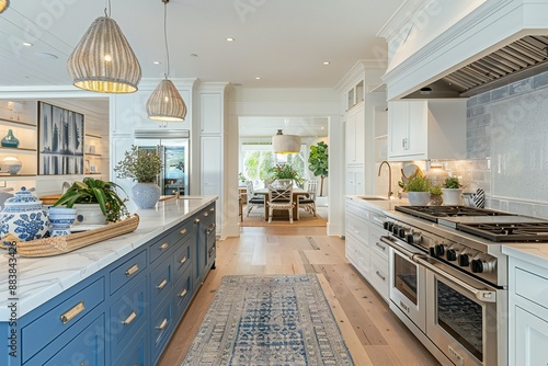 Kitchen in an apartment in coastal farmhouse style with blue and white tones  , created by ai