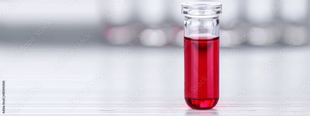 A test tube, brimming with red liquid, sits atop a pristine white table Nearby, a row of identical test tubes, each holding red liquid, align in A test tube, brimming with red liquid, sits atop a pristine white table Nearby, a row of identical test tubes, each holding red liquid, align in