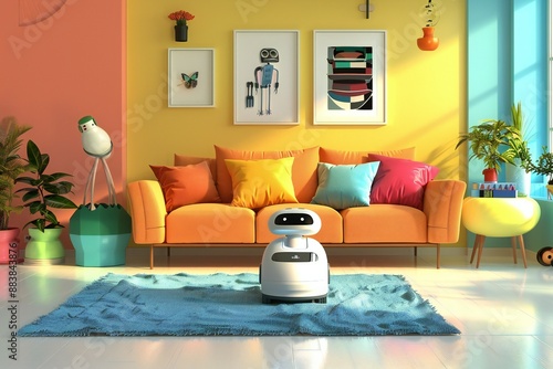 Close up of a cheerful robot vacuuming a bright living room with colorful furniture , created by ai