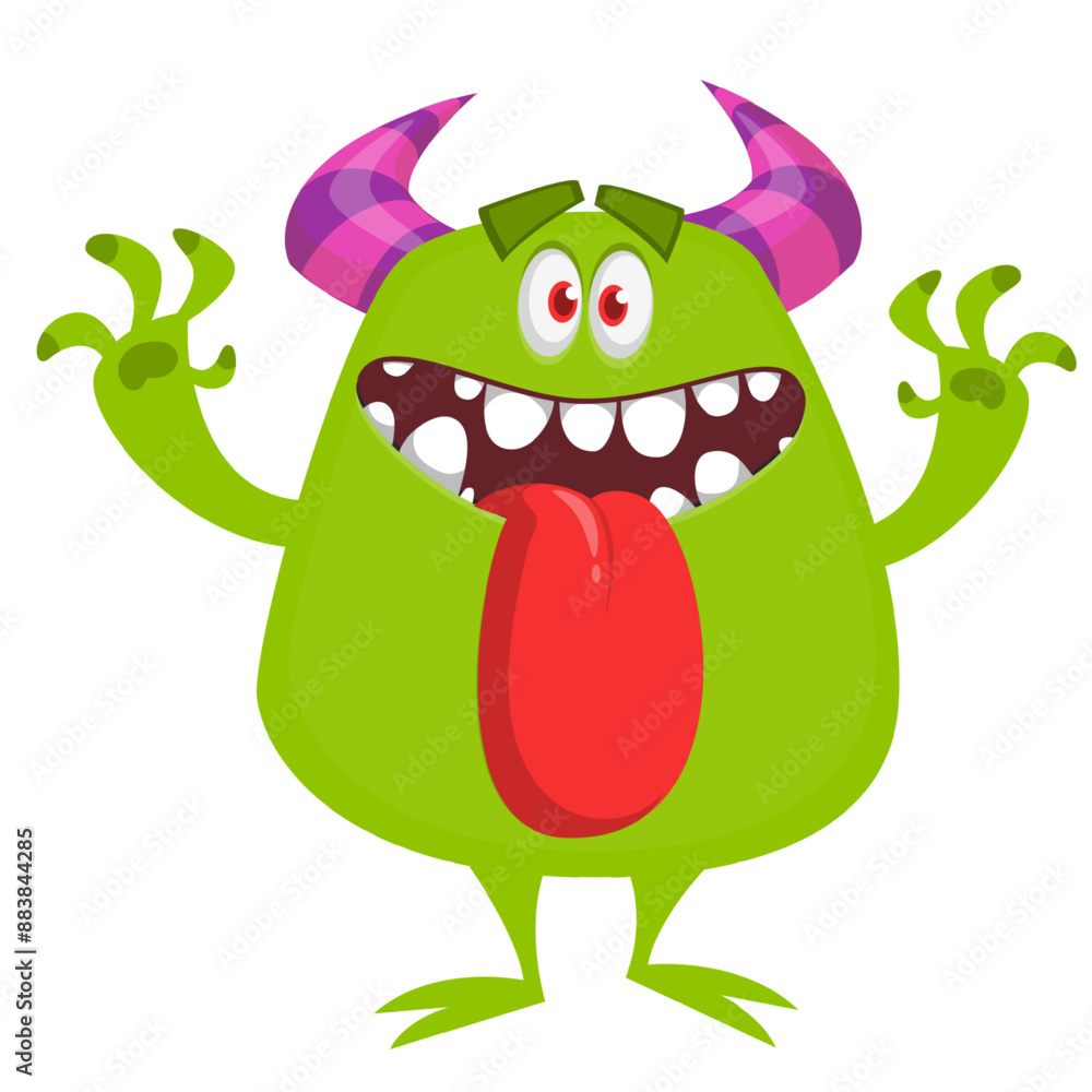 Fototapeta premium Cartoon happy monster with long tongue sticking out of the mouth. Vector illustration isolated on white. For Halloween party or package design