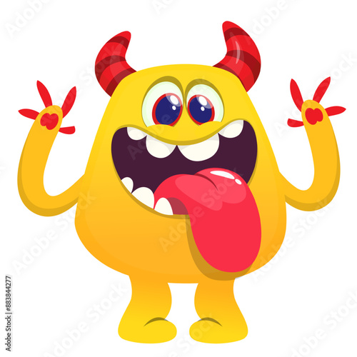 Cartoon happy monster with long tongue sticking out of the mouth.  Vector illustration isolated on white. For Halloween party or package design