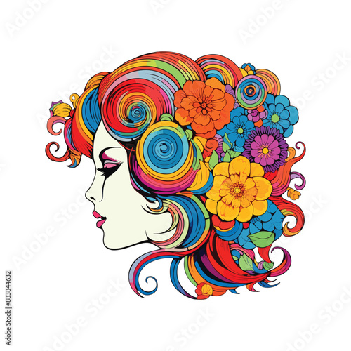 Women head colorful hair with flower I floral background with flowers