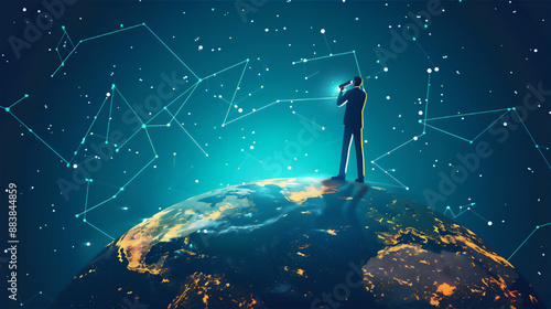 地球の上に立ち望遠鏡で将来のビジョンを見るビジネスマン