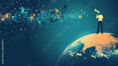 地球の上に立ち望遠鏡で将来のビジョンを見るビジネスマン