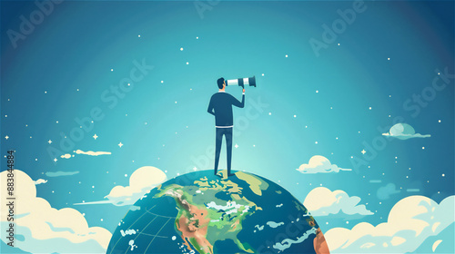 地球の上に立ち望遠鏡で将来のビジョンを見るビジネスマン