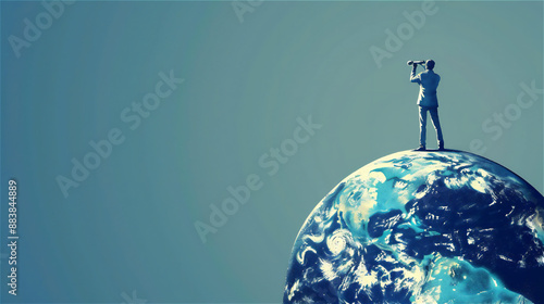 地球の上に立ち望遠鏡で将来のビジョンを見るビジネスマン