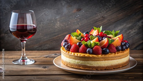 Cake topped with fresh fruit served alongside a glass of red wine, cake, dessert, wine, celebration, party, sweet