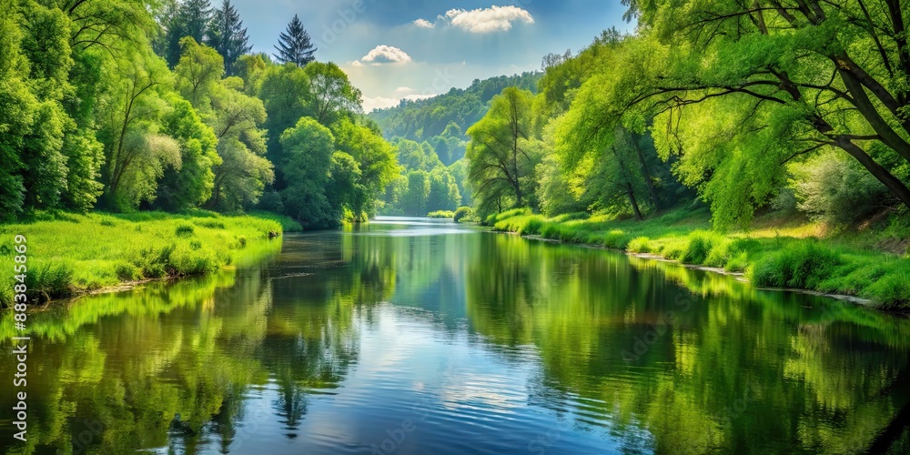 A peaceful landscape featuring a calm river flowing through a lush green forest, nature, tranquility, serene, river A peaceful landscape featuring a calm river flowing through a lush green forest, nature, tranquility, serene, river