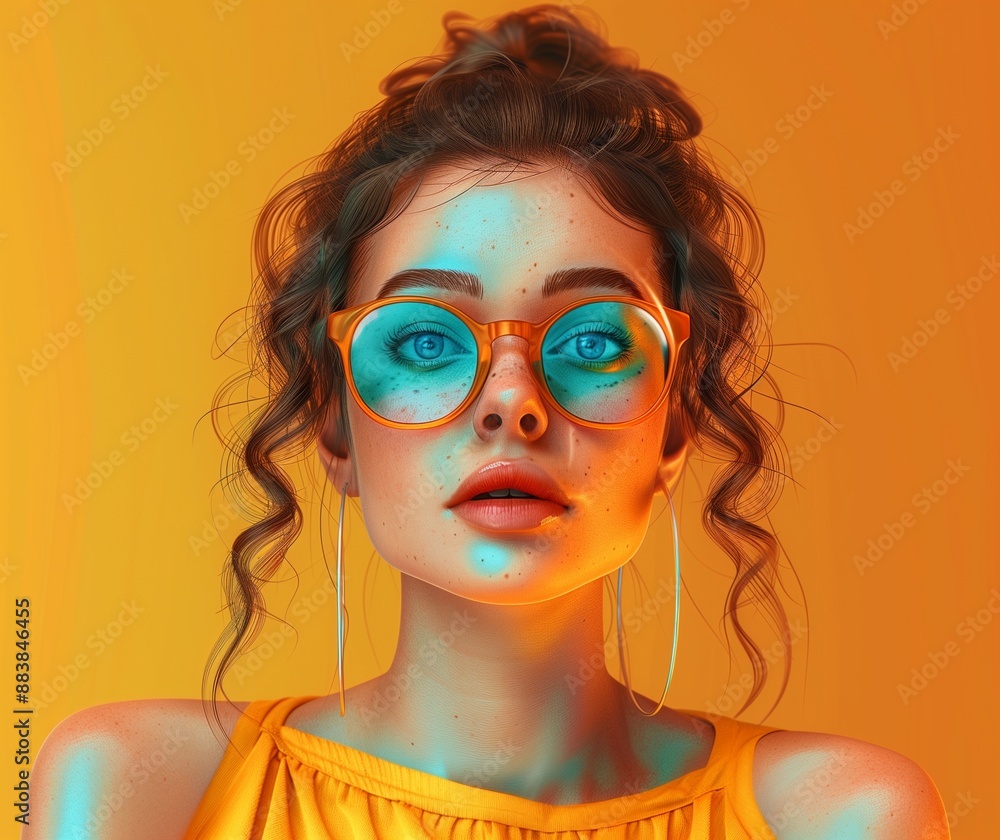 Vibrant Illustration of Modern Woman with Glasses and Curly Hair against Orange Background Vibrant Illustration of Modern Woman with Glasses and Curly Hair against Orange Background