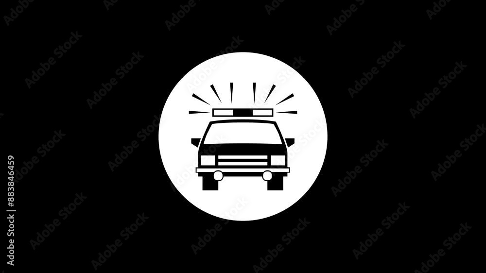 Police car icon white color simple shape circle animation black background Police car icon white color simple shape circle animation black background