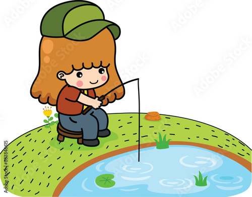 illustration of isolated happy little kid fishing
