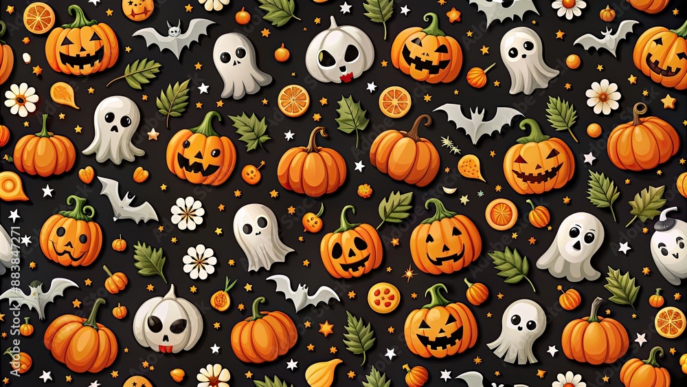 Fototapeta premium A spooky and festive Halloween seamless background filled with pumpkins, ghosts, bats, and skulls, Halloween, seamless, background