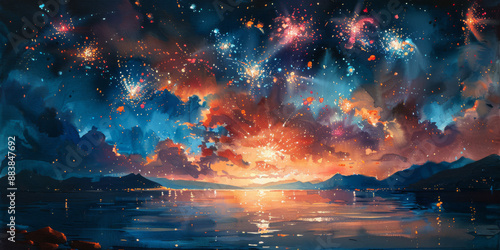 夜空に広がる花火の水彩画