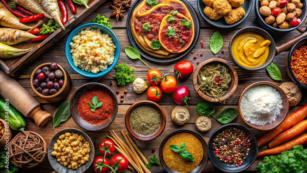 A vibrant assortment of international foods from around the world, international, global, cuisine, diverse A vibrant assortment of international foods from around the world, international, global, cuisine, diverse