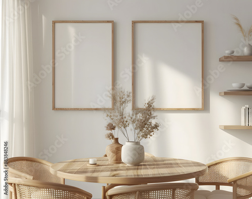 Three wooden frames hang on the wall of an elegant dining room with modern furniture © Sagar