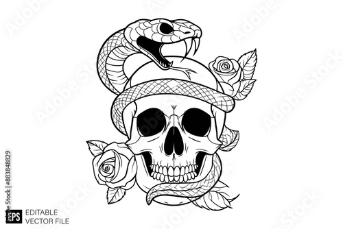 Dark art scary skull head tied by snake vector design ideas templates