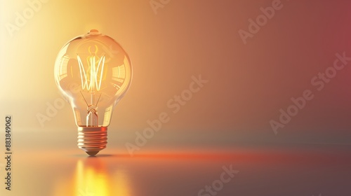 Light bulb warm glowing standing on reflective surface gradient ideas background filament with bright reflections creativity inspiration innovation