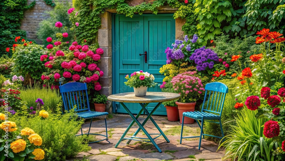 Fototapeta premium A vibrant garden scene featuring a table and chairs, surrounded by colorful flowers and a blue door, garden, table, chairs