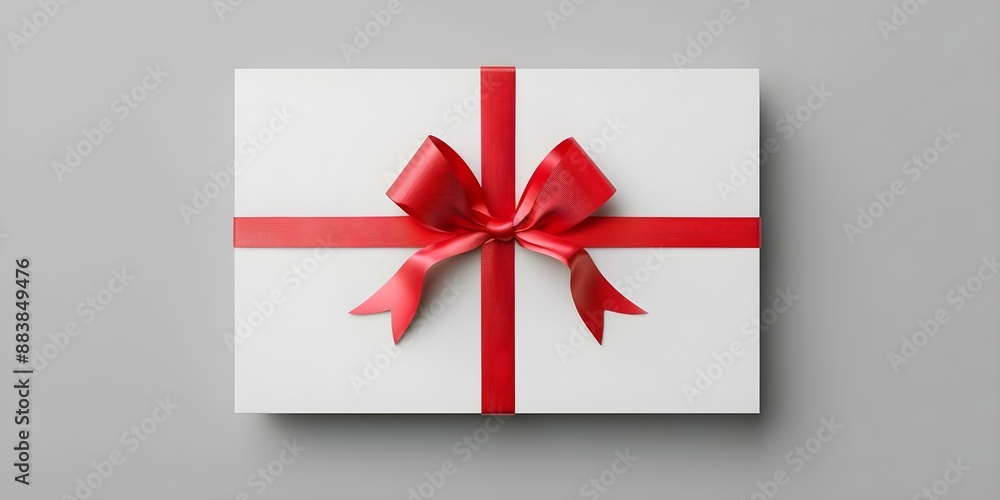 3D rendering of white gift voucher with red ribbon on grey background. Concept Product Visualization, Gift Card Design, 3D Rendering 3D rendering of white gift voucher with red ribbon on grey background. Concept Product Visualization, Gift Card Design, 3D Rendering