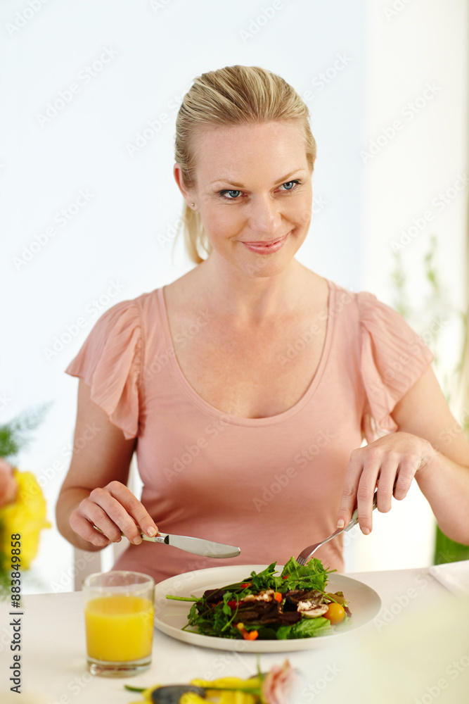 Date, lunch and girlfriend in home with food for romance, love and happy with woman in living room. Couple, breakfast and smile together in house with salad, chat or glass of juice for relationship Date, lunch and girlfriend in home with food for romance, love and happy with woman in living room. Couple, breakfast and smile together in house with salad, chat or glass of juice for relationship