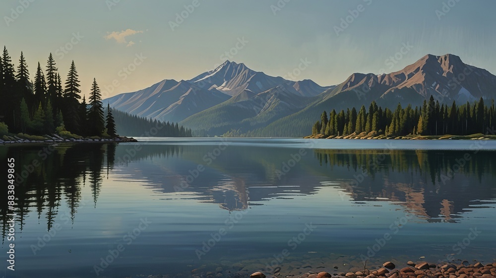 Naklejka premium A painting of a mountain lake with a mountain