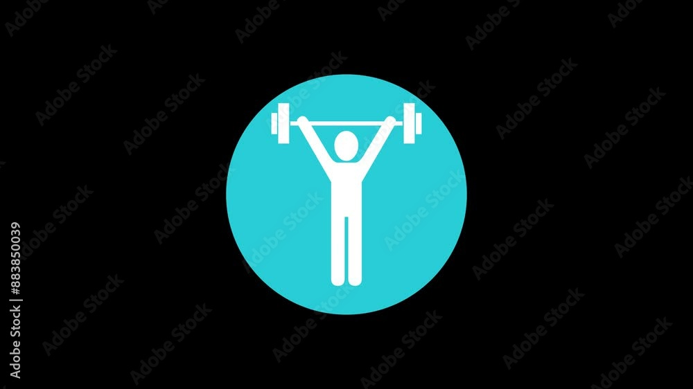 Weightlifting icon cyan color simple shape circle animation black background Weightlifting icon cyan color simple shape circle animation black background