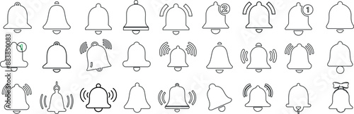 Notification bell icon outline in varied styles, perfect for UI design, mobile apps, and web interfaces. bell vector icons for alert and notification elements