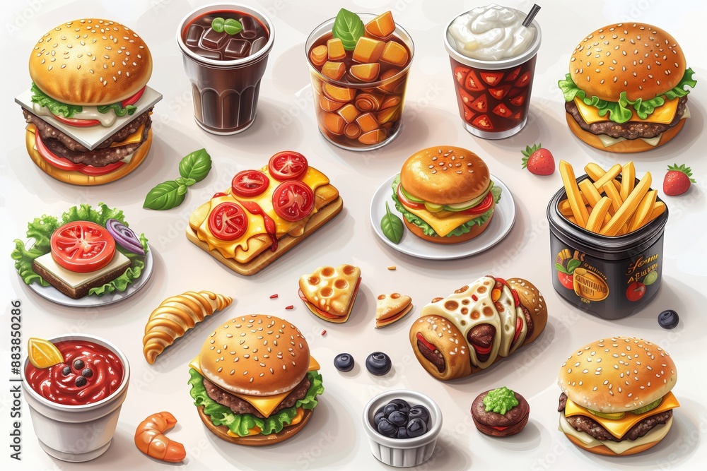 Illustration style brief in 3D vectors of various food items like burgers, salads, and drinks, with drop shadows, gradient highlights, and vibrant colors, white background, 3D Rendering, isometric Illustration style brief in 3D vectors of various food items like burgers, salads, and drinks, with drop shadows, gradient highlights, and vibrant colors, white background, 3D Rendering, isometric