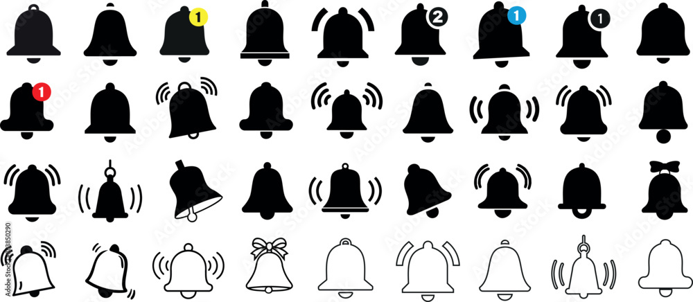 Notification icons, bell icon alert symbols, sound alert icons ...