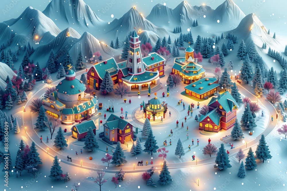 Illustration style brief in 3D vectors of a winter holiday scene with diverse characters enjoying snow activities, with gradient mesh, drop shadows, and bright colors, white background, 3D Rendering, Illustration style brief in 3D vectors of a winter holiday scene with diverse characters enjoying snow activities, with gradient mesh, drop shadows, and bright colors, white background, 3D Rendering,