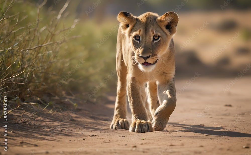 Lion cub walking towards camera Lion cub walking towards camera