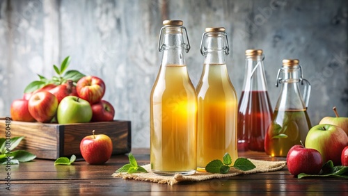 Bottles of fresh apple cider with apples on a wooden table photo