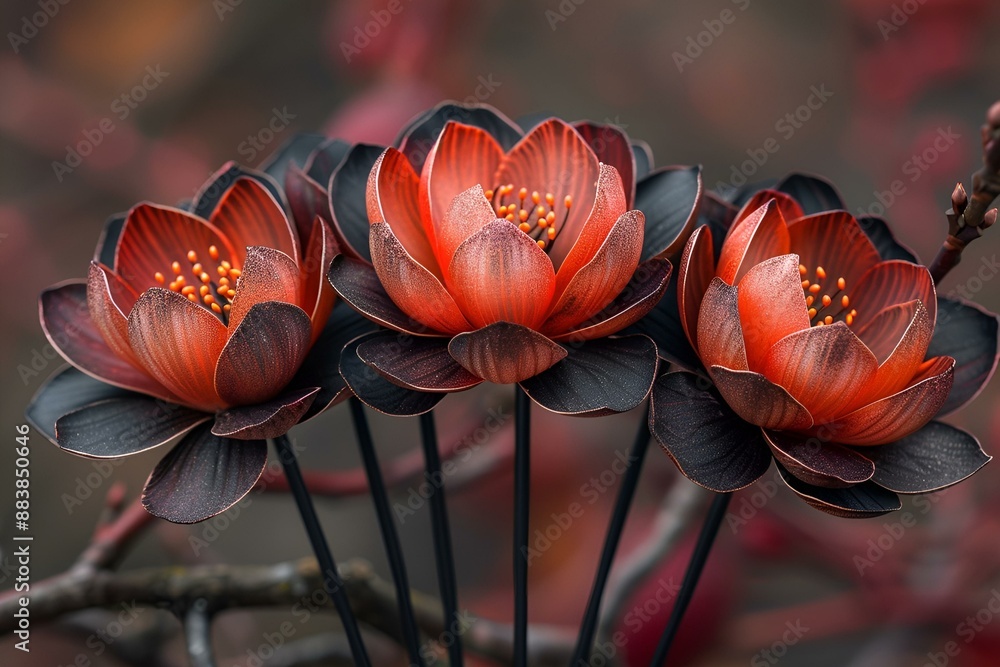 Fototapeta premium A trio of red lotus flowers in full bloom on a branch.