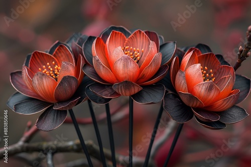 A trio of red lotus flowers in full bloom on a branch. photo