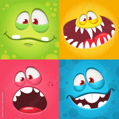 Cartoon monsters and aliens faces set with funny expressions and opened mouth blank space for text. Great for package design or party decoration. Vector isolated